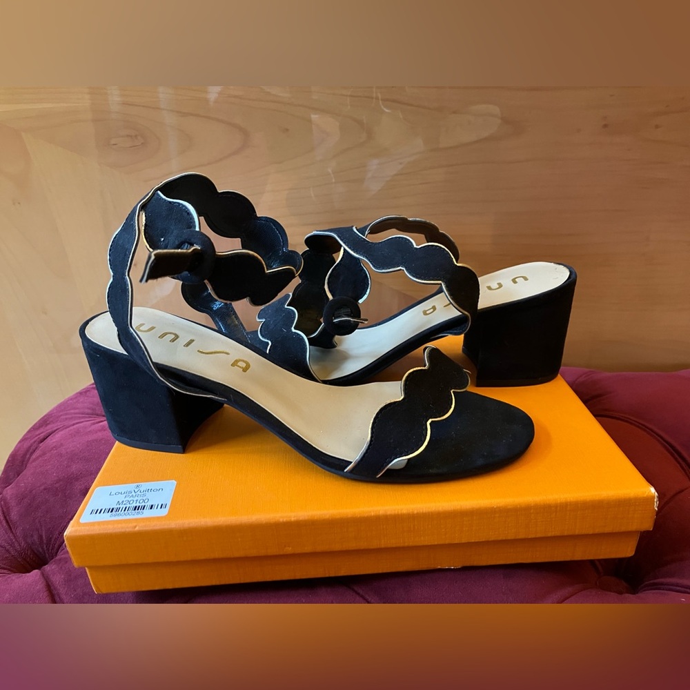 New Unisa Black Scalloped Suede with Block Heel Golden details